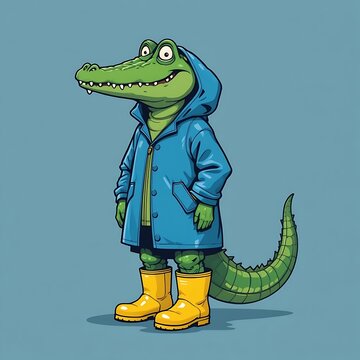 recommend clip art: A crocodile in a raincoat and yellow rain boots. vector line 