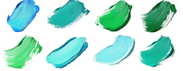 eight abstract watercolor strokes of green and blue paint on a transparent background