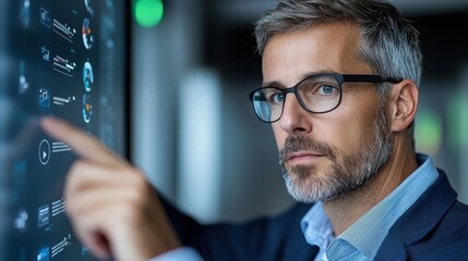 Experienced businessman deeply focused on analyzing data and financial information displayed on computer monitor in a modern corporate office setting representing research analytics
