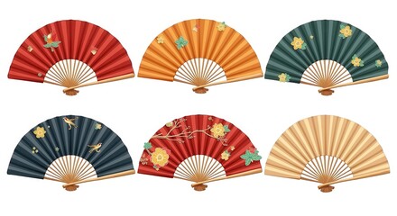 Elegant Collection of Decorative Hand Fans Illustration Set with Vibrant Colors and Intricate Floral Patterns for Cultural, Artistic, and Interior Design Themes