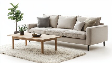 A cozy Scandinavian living room interior isolated on white, featuring a neutral gray sofa with soft cushions, a minimalist wooden coffee table, a fluffy area rug, and a small indoor plant for 