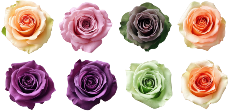 collection of eight roses in different colors each rose is in full bloom and isolated against a transparent background they come in shades of pink. purple. peach. orange. grey. and green