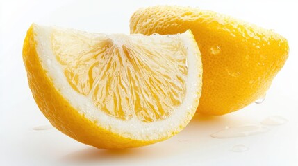 A crisp, detailed lemon wedge isolated on a white background, showcasing its bright yellow rind, juicy pulp, and natural translucence. Droplets of water enhance the freshness, highlighting citrus 
