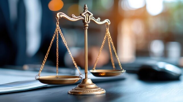 Close up of a brass scale of justice an iconic symbol of fairness and impartial decision making balanced precariously on a wooden desk with scattered legal documents and papers