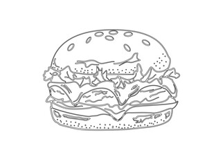 Hand dewan burger. doodle burger.  doodle fast food burger. hamburger in doodle style. Cheese Burger or Hamburger with doodle style.