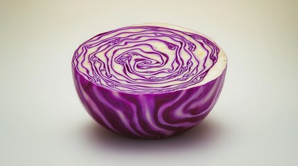 Fototapeta premium A detailed cross-section of a fresh red cabbage slice isolated on a white background, showcasing its intricate swirling purple patterns and crisp textures. The clean presentation highlights 