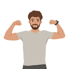 Pumped up sport fitness young man. Shows muscles arms biceps. Flat Vector character illustration