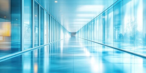Modern Office Building with Glass Walls in Blue Light and Blurred City Background