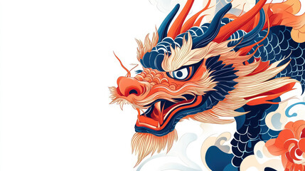 Chinese dragon with horns close-up on white background, stylish illustration