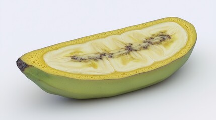 A detailed, high-quality banana slice isolated on a white background, displaying its soft, creamy texture, subtle yellow tones, and circular interior structure. The clean presentation highlights 