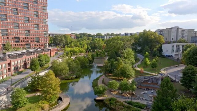 Historic Old Fourth Ward urban city park with splash fountain and amphitheater, Overline residences area neighbourhood, Atlanta, Georgia, Aerial view
