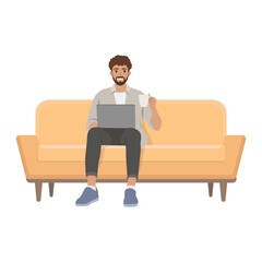 Young man is sitting with laptop on the sofa at home. Working on a computer with coffee mug. Flat Vector character illustration
