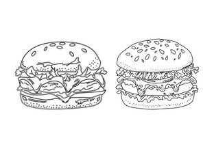 Hand drawn burger. doodle burger.  doodle fast food burger. hamburger in doodle style. Cheese Burger or Hamburger with doodle style.