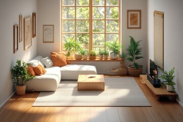 Fototapeta premium Cozy Modern Living Room Minimalist Scandinavian Design with Warm Sunlight Wooden Floor