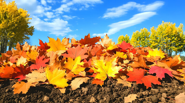 A vibrant display of colorful autumn leaves on the ground, set against a clear blue sky and golden trees, showcasing the beauty of fall