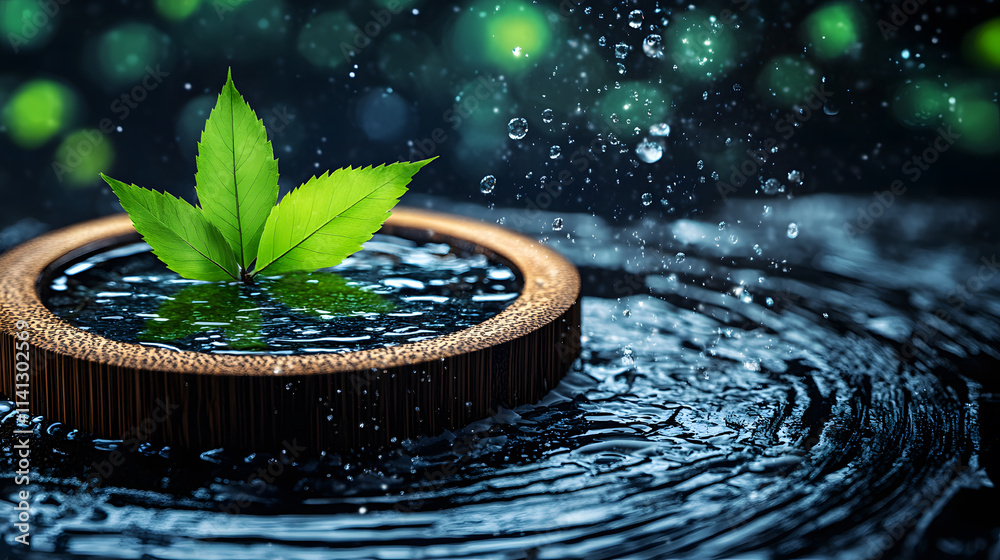 Poster a serene image featuring green leaves on a water surface, with droplets creating ripples, capturing 