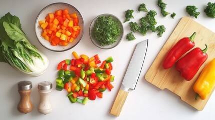 A dynamic top-down view of a modern kitchen countertop, featuring fresh vegetables, chopped bell peppers, colorful ingredients, a knife, and cutting boards arranged artistically on a white isolated 