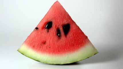 A fresh, sliced watermelon triangle isolated on a white background, showcasing its juicy red pulp, contrasting black seeds, and crisp green rind. The clean composition reflects summer, hydration, 
