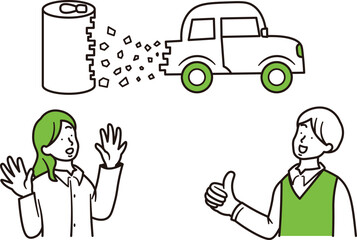 アルミ缶がリサイクルされて車になっているイメージと笑顔の女性と男性のシンプルなイラスト素材