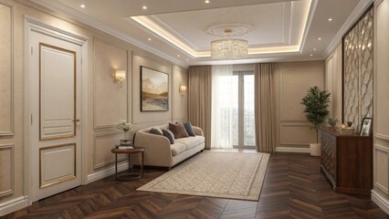 Fototapeta premium A muted color palette envelopes the space with soft beige walls and rich wooden flooring creating a tranquil atmosphere thats both welcoming and sophisticated.