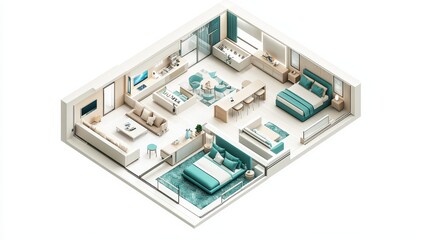 Fototapeta premium A futuristic 3D isometric visualization of a high-tech smart home, isolated on white. The layout showcases a spacious living room with smart furniture, a modern kitchen with integrated technology, 