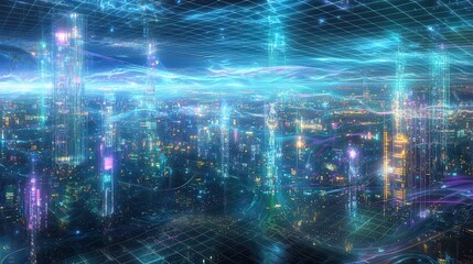 Obraz premium A futuristic holographic city skyline background with glowing skyscrapers, neon gridlines, and digital particles floating in the air. The city emits cyan, magenta, and purple lights, while soft 