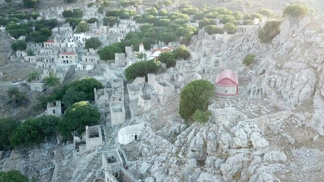 Remains of the Abandoned Chora at Island Tilos,Old Center,Greece.Sun Lights, Scenic Circle Shot.