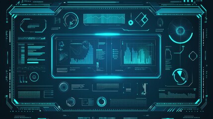 A futuristic holographic data panel background with glowing neon lines, floating geometric shapes, and digital charts. The gradient backdrop features deep blue and teal tones, creating a cyber-inspire