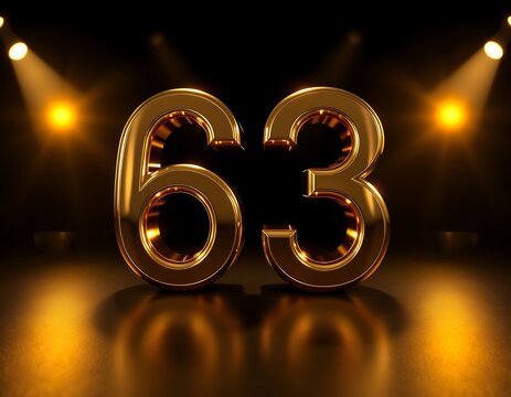 Golden number 63 on a dark stage illuminated by spotlights, creating a luxurious and celebratory atmosphere.