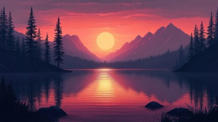 sunset lake reflection mountains trees serene landscape minimalist art