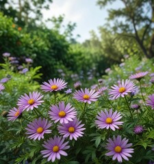 Obraz premium Aster flowers swaying gently in a breeze amidst lush green foliage, green leaves, foliage