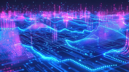 Fototapeta premium A high-tech holographic circuit board background with glowing blue pathways, dynamic light pulses, and floating pixelated data points. Abstract neon light waves swirl across the gradient backdrop, 