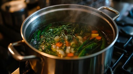 Freshly Made Vegetable Broth Simmering with Aromatic Herbs and Colorful Vegetables in a Stainless Steel Pot on a Modern Kitchen Stove