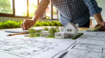 Architect designing modern house using blueprints and miniature model in professional setting