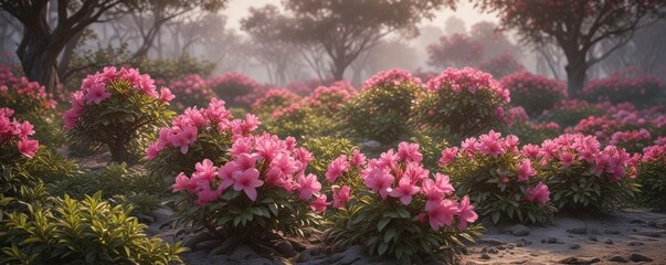 Azalea bushes start to bloom in the early morning haze, pink blooms, flowers