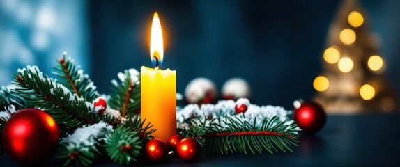 A close-up photograph of a festive holiday scene featuring three lit candles and a garland of pine branches adorned with red berries and snow. The candles are in varying stages of burn, with the one o