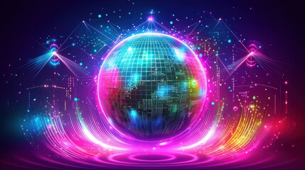 A holographic background illustration of a digital globe, glowing with neon gridlines and surrounded by abstract light pulses. Floating nodes, particles, and binary code swirl around the globe, 