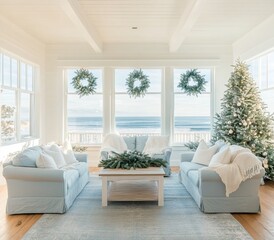 Coastal Christmas Living Room Decor: Ocean View Holiday Scene with Elegant Blue Sofas, White Christmas Tree, and Festive Wreaths.