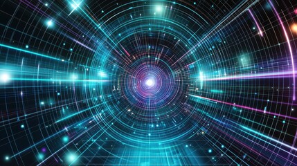 Obraz premium A holographic futuristic tunnel background featuring glowing concentric rings and light beams creating a sense of depth and motion. Neon colors of blue, purple, and teal radiate from the center, 