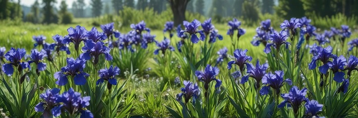 Obraz premium Blue irises growing in a lush green meadow in spring, plant stems, natural environment