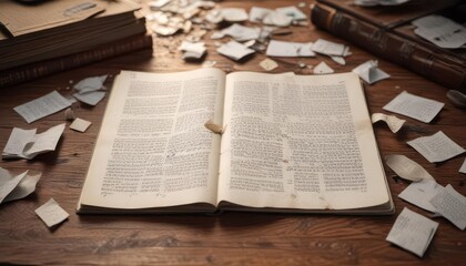 Obraz premium Empty book pages scattered on a wooden desk surrounded by scattered papers and forgotten notes worn desk surfaces forgotten research
