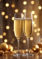 Champagne toasting under soft focus bokeh with gold accents, celebration, champagne, toasting
