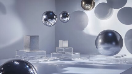 An abstract art-inspired birthday party setup, where minimalist, geometric cakes are displayed on floating acrylic platforms. Metallic balloons shaped like cubes and spheres hover above, casting 