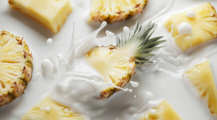 Splash milk and fruit, pineapple in milk, created using Generative AI technology.