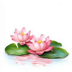 Two beautiful pink lotus flowers bloom atop green lily pads, reflecting gently in calm water, embodying tranquility and natural beauty.