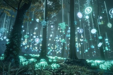 A serene and contemplative collection of bitcoin symbols drifting softly through a bright woodland. Generative Ai