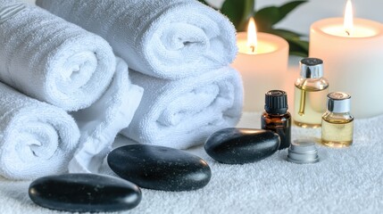 A luxury spa setting flat lay, including white rolled towels, scented candles, smooth black massage stones, and small glass bottles of essential oils, carefully arranged on a clean white isolated 