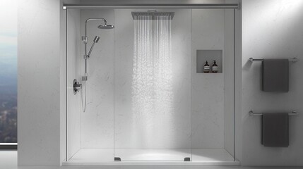 A luxury walk-in shower interior design on a white background, featuring a frameless glass enclosure, sleek wall-mounted fixtures, and a rainfall shower head. The minimalist design combines 