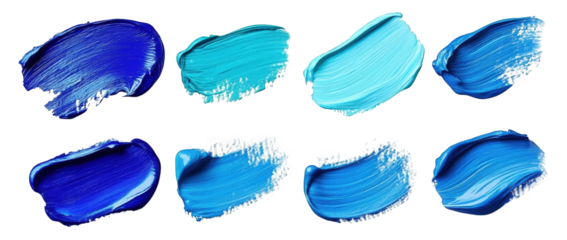 collection of blue and light blue paint brush strokes isolated on transparent background