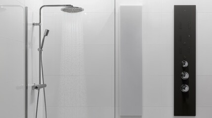 A luxury walk-in shower interior design on a white background, featuring a frameless glass enclosure, sleek wall-mounted fixtures, and a rainfall shower head. The minimalist design combines 